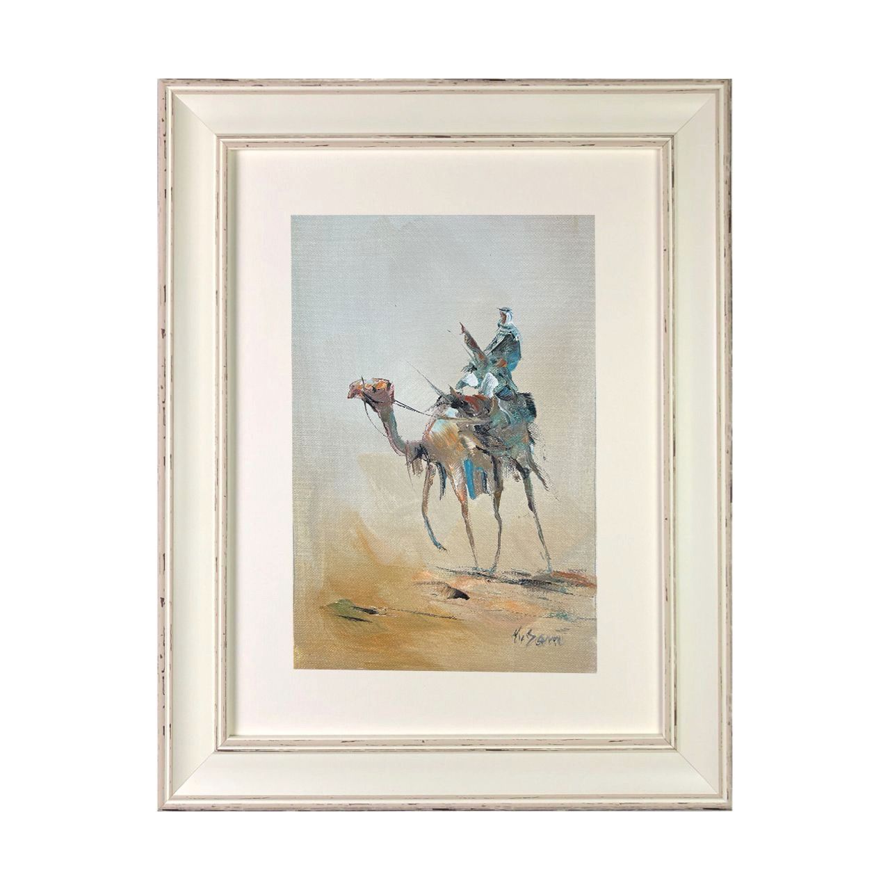 Desert Rider &amp; Camel - Knife Art Oil Painting in Distressed Frame