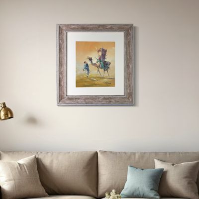 Desert Bedouin &amp; Lady on Camel - Knife Art Oil Painting in Brown Washed Frame