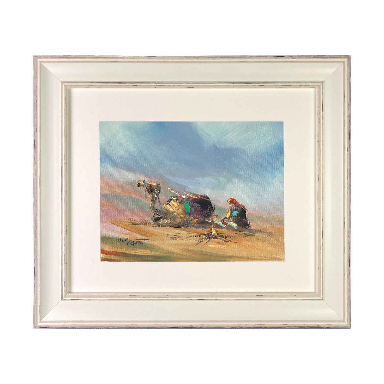 Desert Traveller &amp; Camel - Knife Art Oil Painting in Distressed Frame