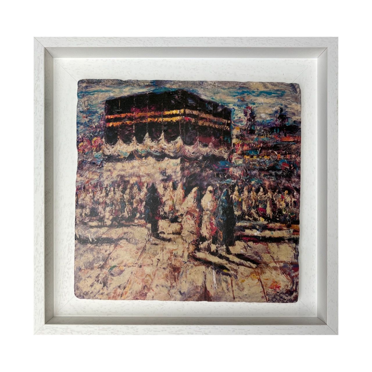Kaaba &amp; Hujjaj Multi-coloured Stone Art, Frame Colour: White, Size: Medium