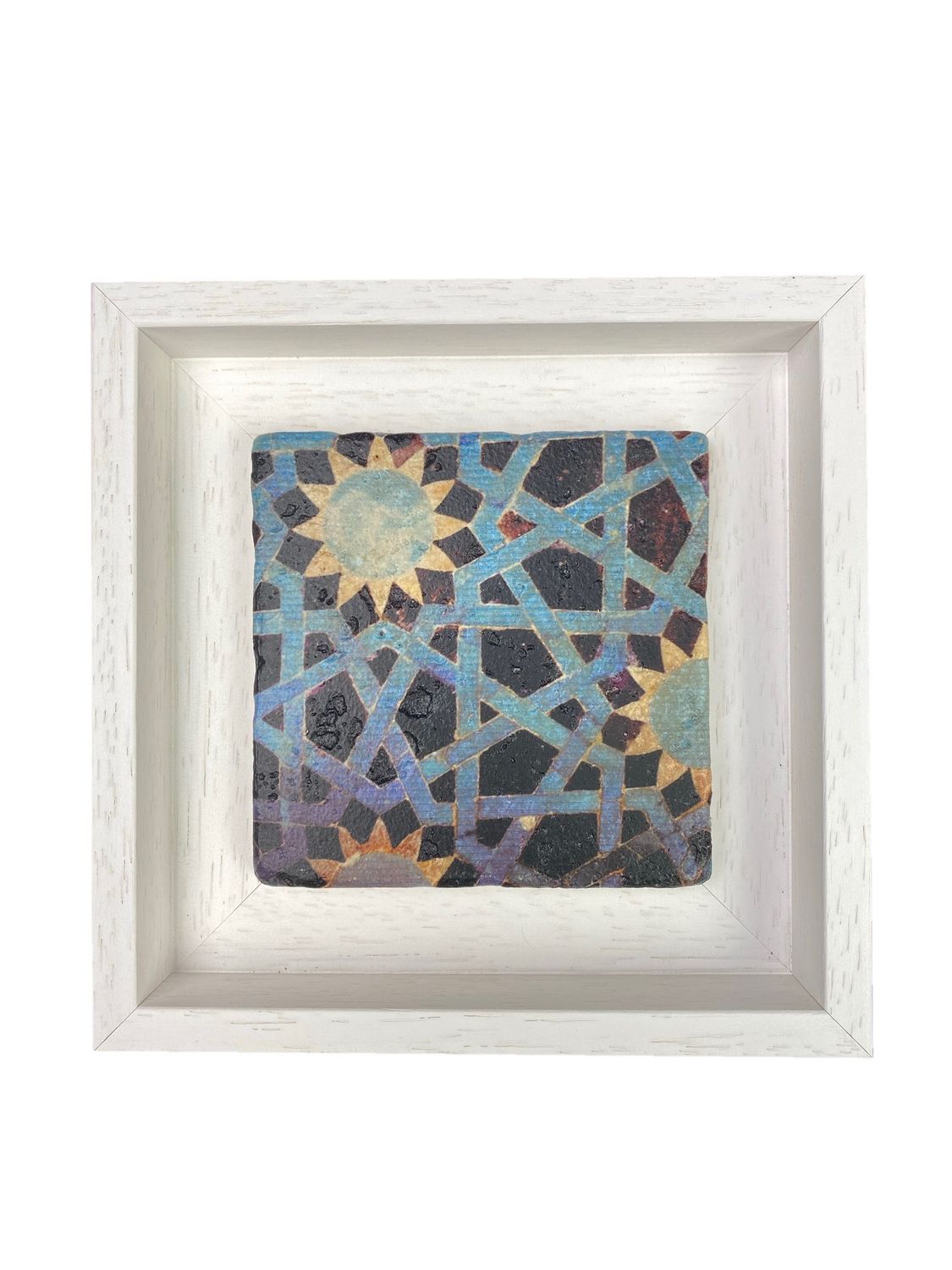 Blue and Yellow Seljuk Anatolian Geometric Stone Tile, Frame Colour: White, Size: Small