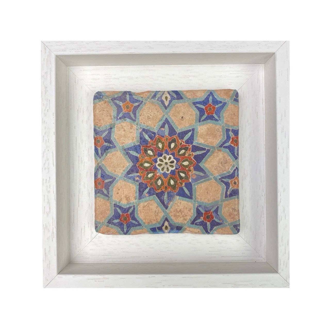 Azure Blue and Sandy Floral Samarkandi Geometric Stone Tile, Frame Colour: White, Size: Small
