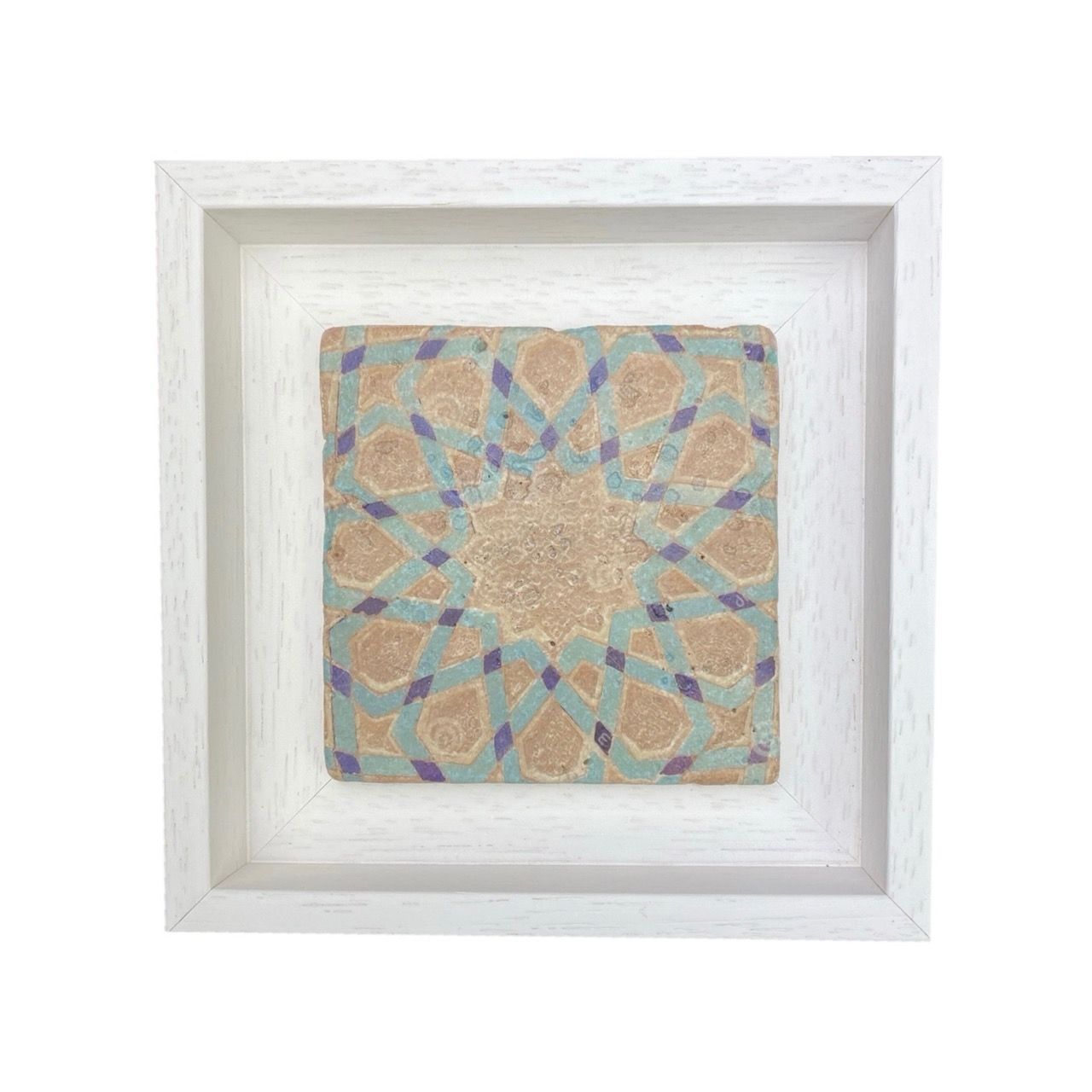 Brown, Blue &amp; Turquoise Persian Geometric Stone Tile, Frame Colour: White, Size: Small