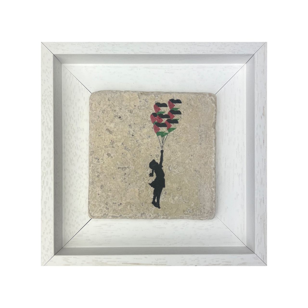 Banksy&#39;s “The Girl with the Balloons” Distortion Palestine Flags Design Stone Art, Size: Medium, Frame Colour: White