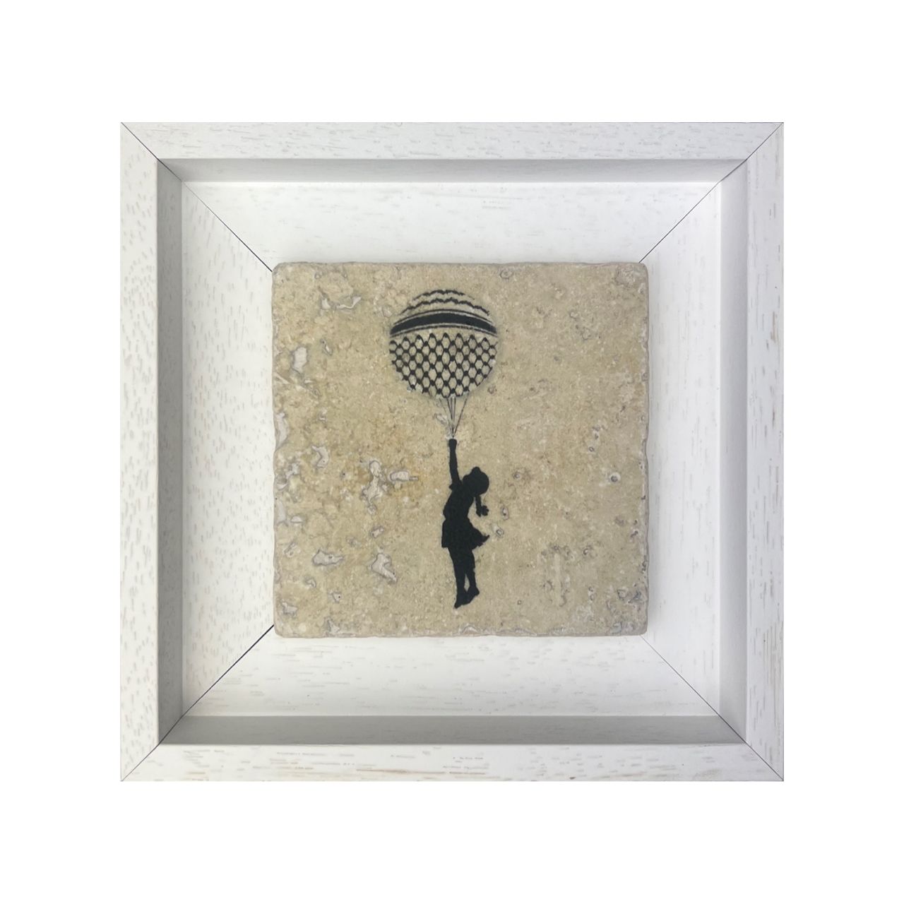 Banksy&#39;s “The Girl with the Balloons” Keffiyeh Design Stone Art, Size: Medium, Frame Colour: White