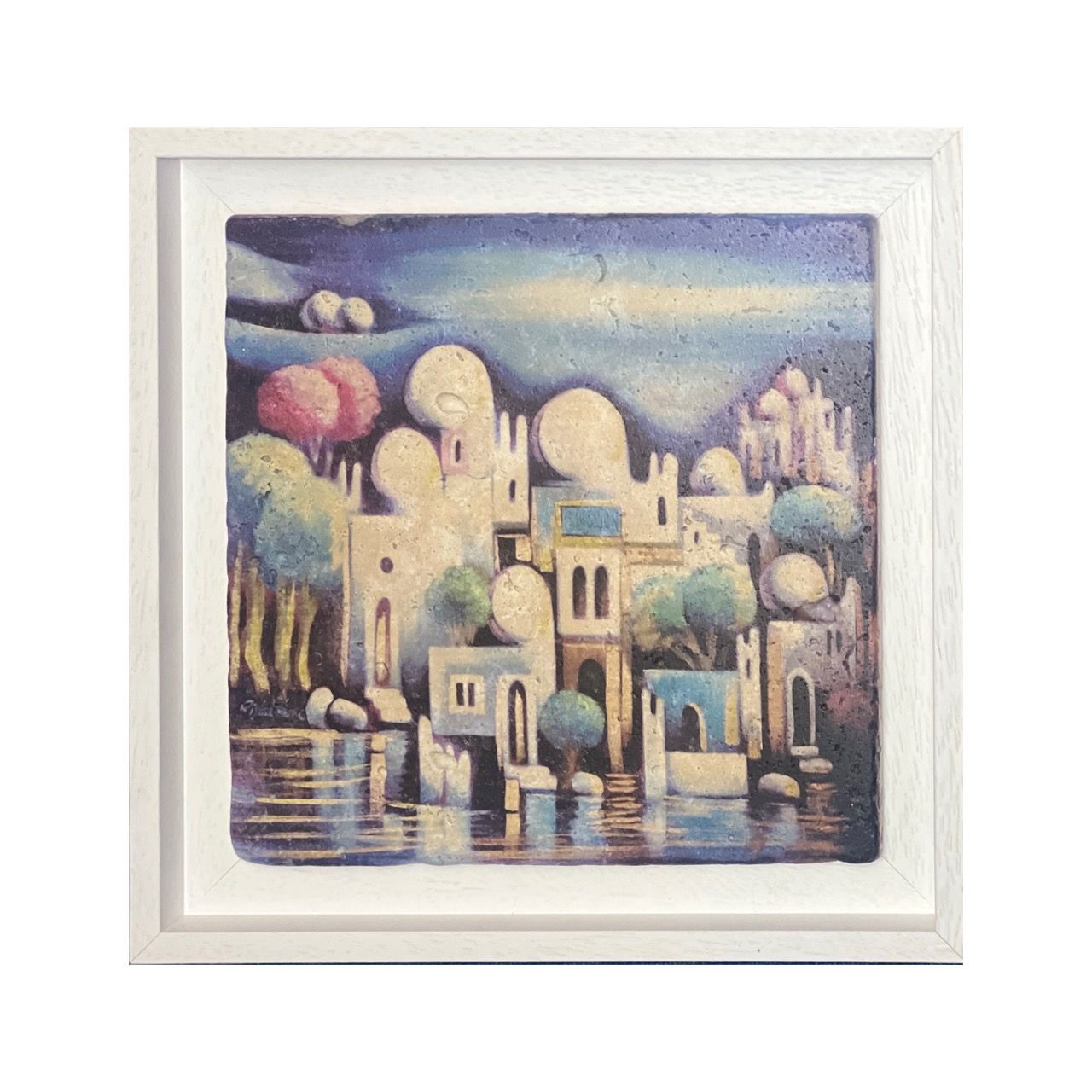 Abstract Houses &amp; Domes Blue Design Stone Art, Size: Small, Frame Colour: White