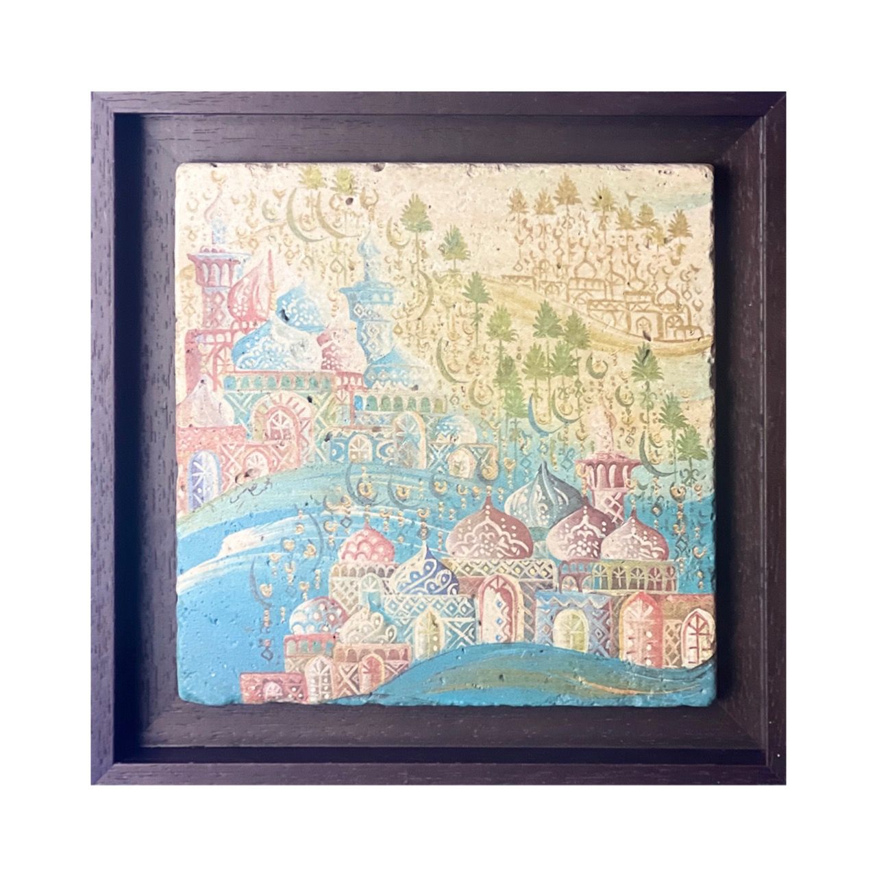 Arabesque Village Multicoloured Stacked Patterned Domes Design Stone Art, Size: Small, Frame Colour: White