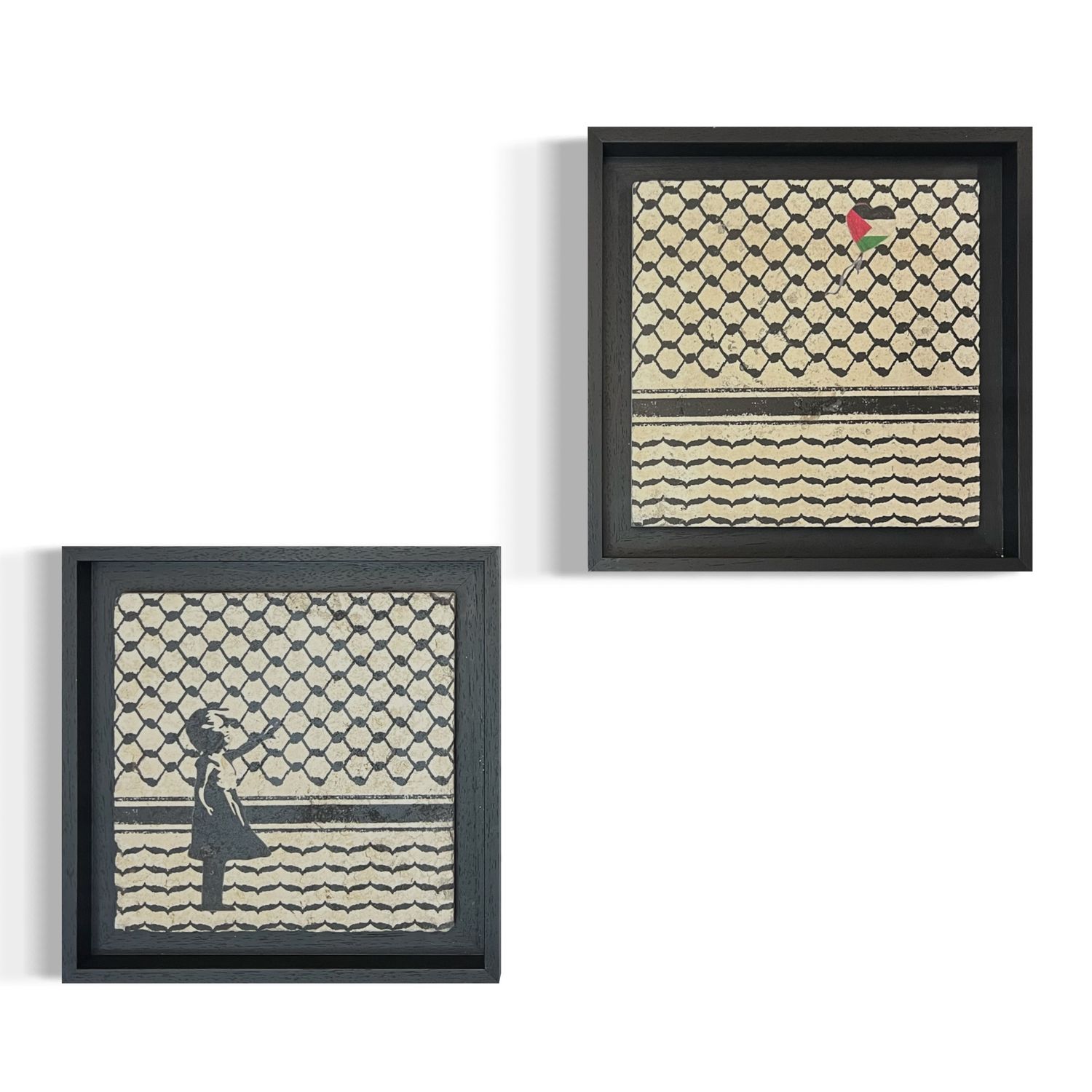 Banksy&#39;s Girl with Keffiyeh &amp; Palestine Balloon Design Stone Art, Size: Small, Frame Colour: Black
