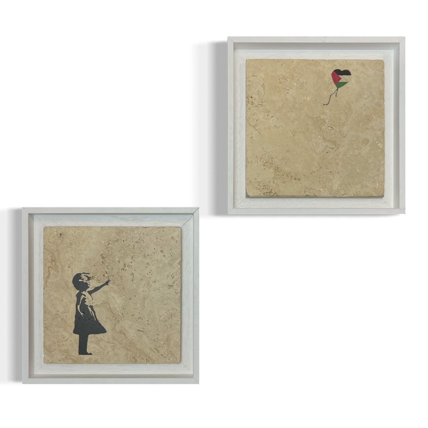 Banksy&#39;s Girl with Palestine Balloon Design Stone Art Set of Two, Size: Small, Frame Colour: Black