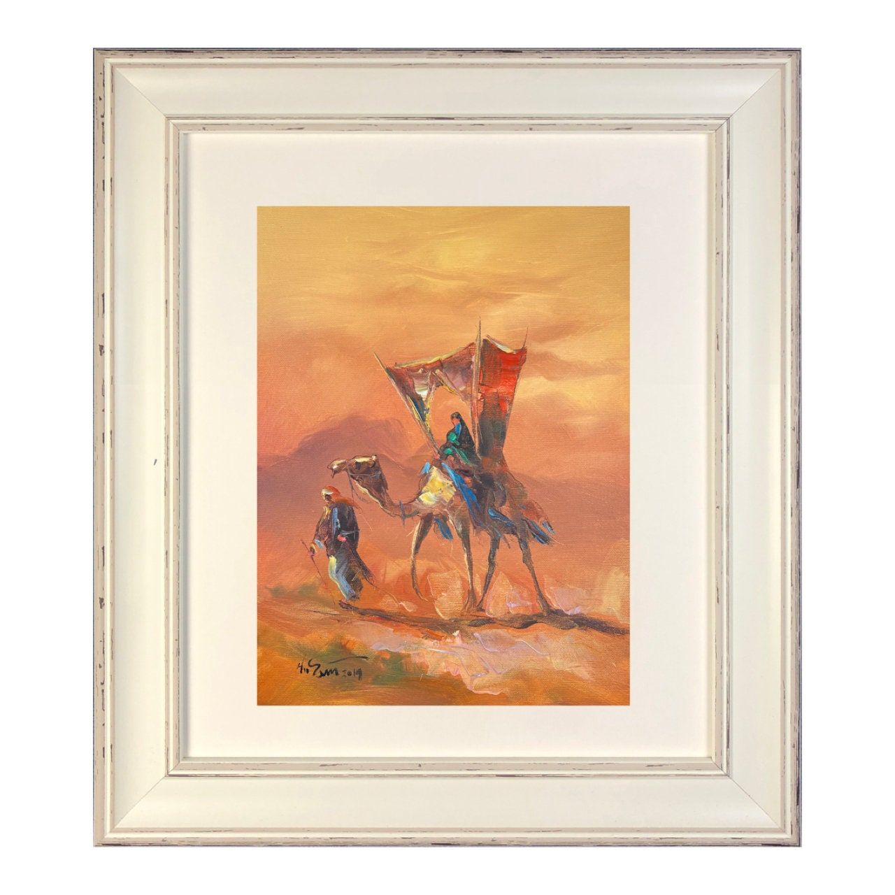 Desert Traveller with Lady in Howdaj - Knife Art Oil Painting in Distressed White Frame