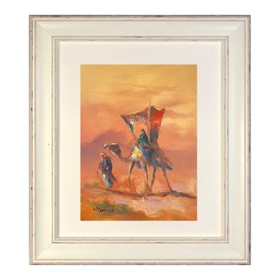 Desert Traveller with Lady in Howdaj - Knife Art Oil Painting in Distressed White Frame