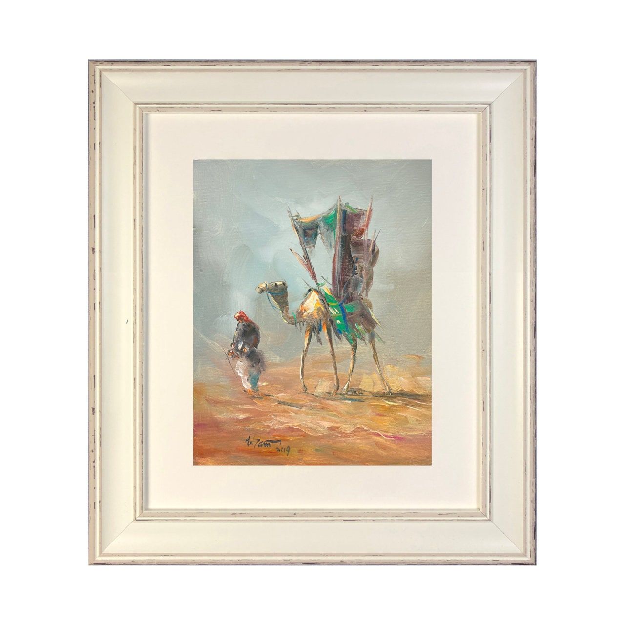 Desert Rider and Hawdaj - Knife Art Oil Painting in White Distressed Frame