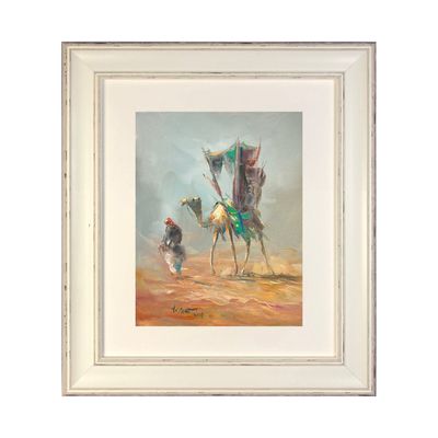 Desert Rider and Hawdaj - Knife Art Oil Painting in Distressed Frame
