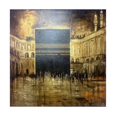 Kaaba in Flux – A Metallic Gold Dreamscape Oil Painting