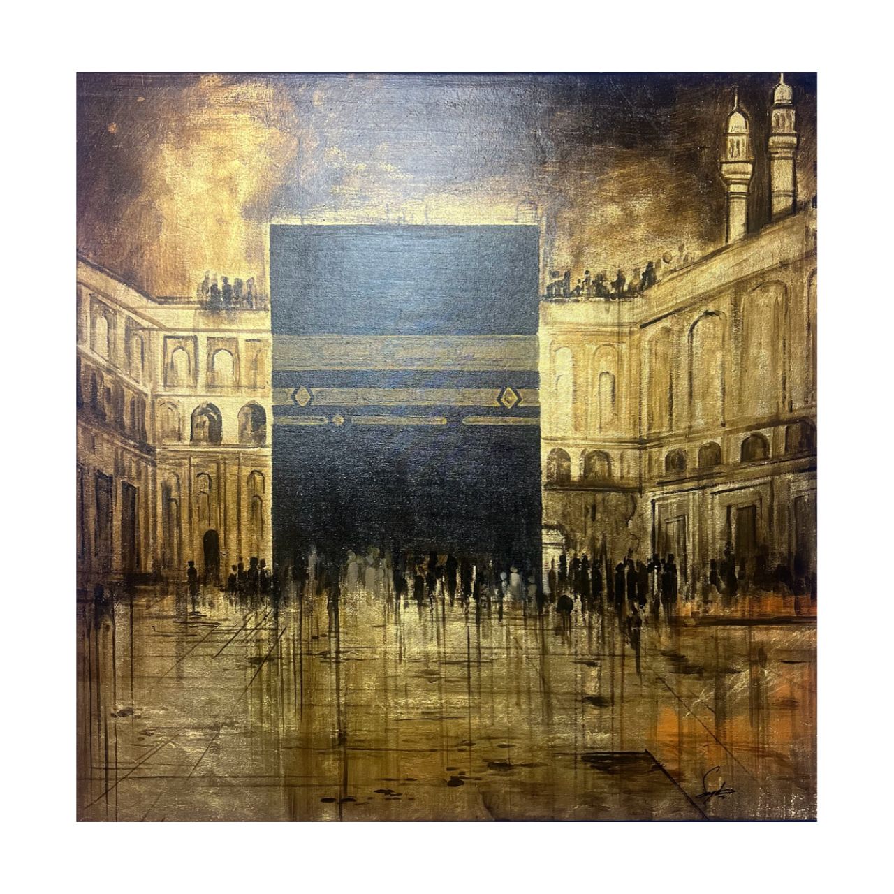 Kaaba in Flux – A Metallic Gold Dreamscape Oil Painting, Frame Colour: Un-framed