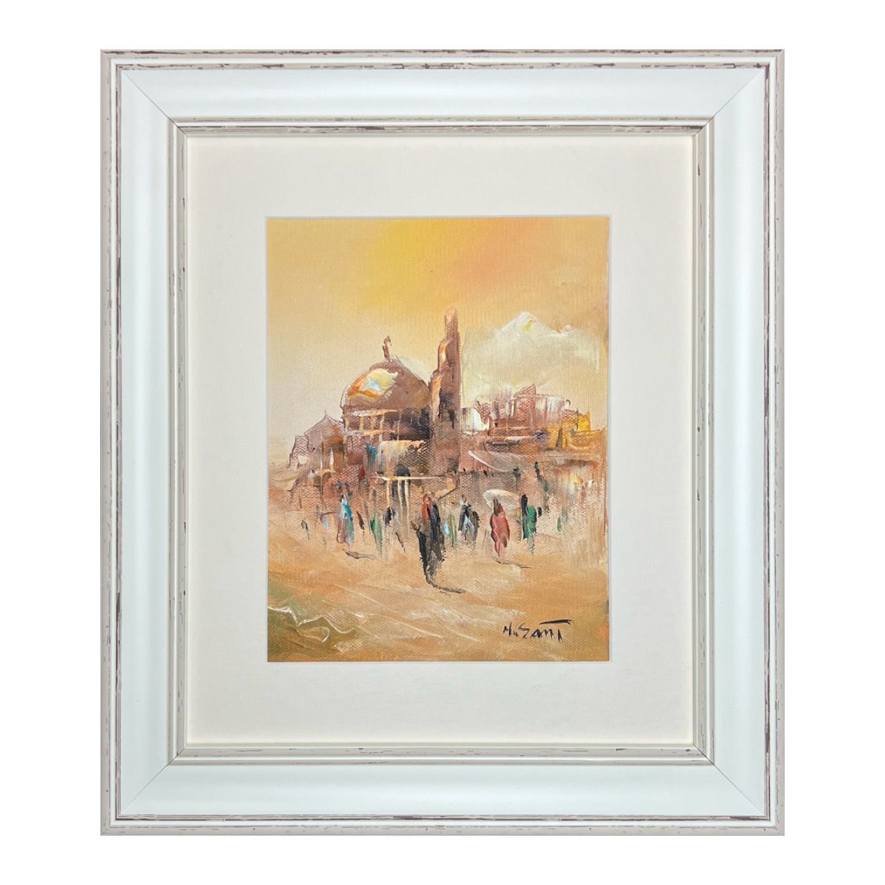 Desert Villagers and Mosque - Knife Art Oil Painting in White Distressed Frame