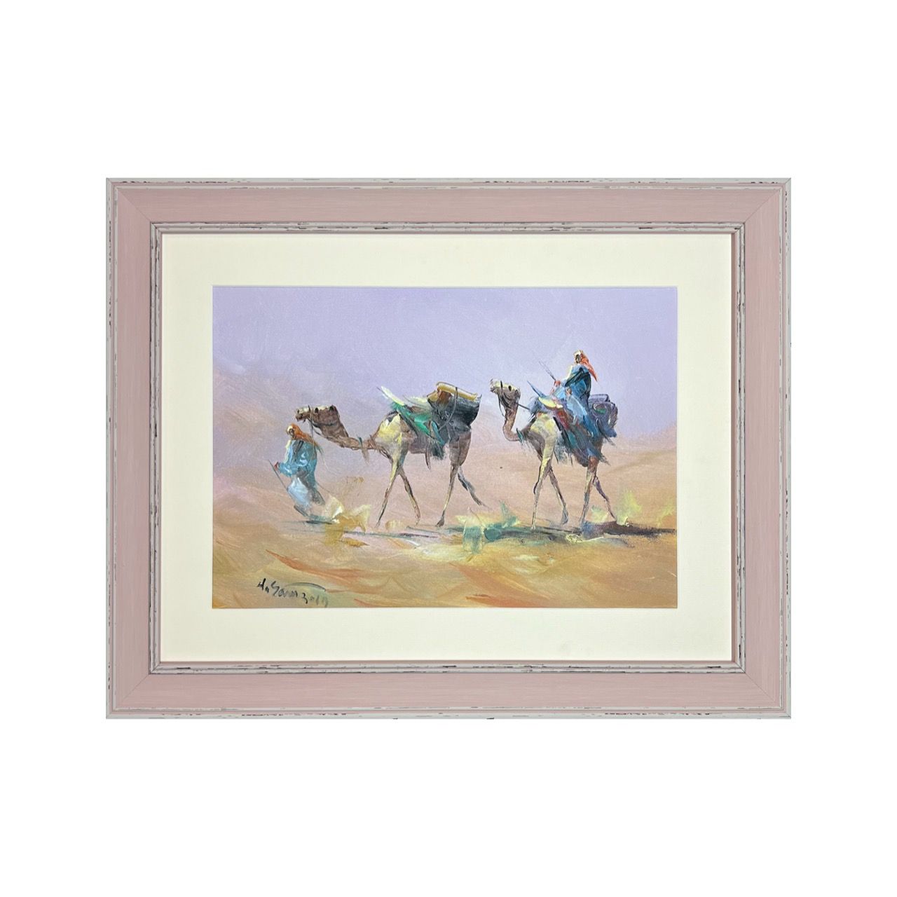 Desert Travellers with Camels - Knife Art Oil Painting in Pink Distressed Frame