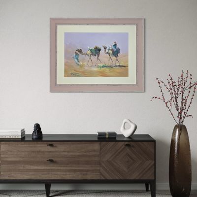 Desert Travellers with Camels - Knife Art Oil Painting in Pink Distressed Frame