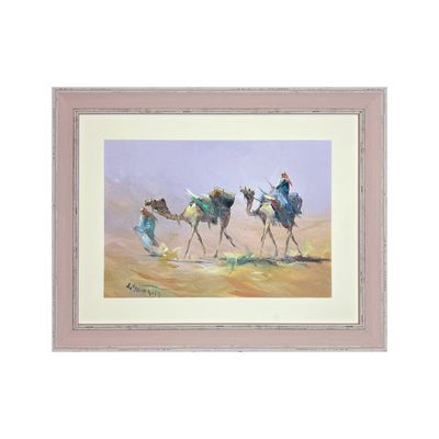 Desert Travellers with Camels - Knife Art Oil Painting in Pink Distressed Frame