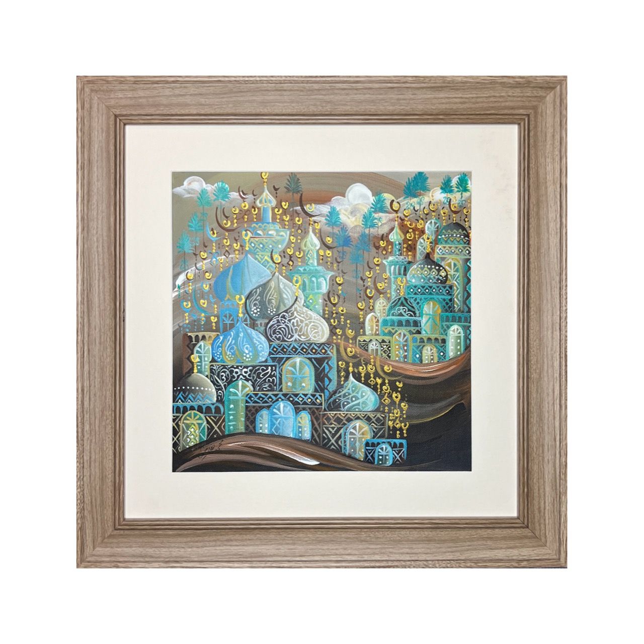 Arabesque Village Multicoloured Stacked Patterned Domes Oil Painting in Distressed Frame