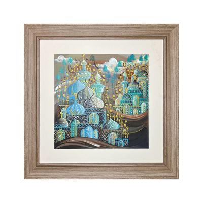 Arabesque Village Multicoloured Stacked Patterned Domes Oil Painting in Distressed Frame
