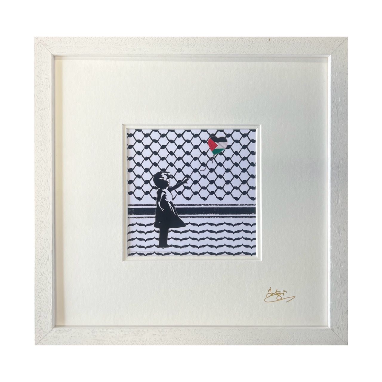 Banksy&#39;s Girl with Keffiyeh &amp; Palestine Balloon Design Museum Frame, Frame Colour: White