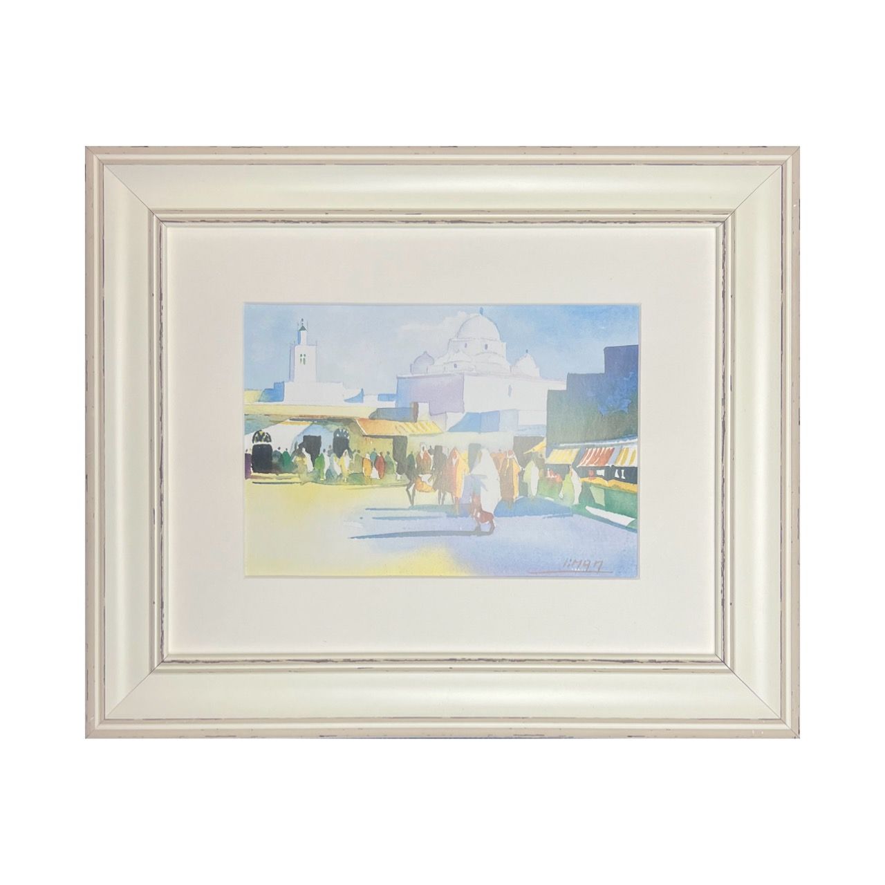 Sunlit Tunisian Market Scene – Water Colour Piece in Distressed Frame
