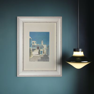 Blue &amp; White Streets of Sidi Bou Said – Water Colour Piece in Distressed Frame