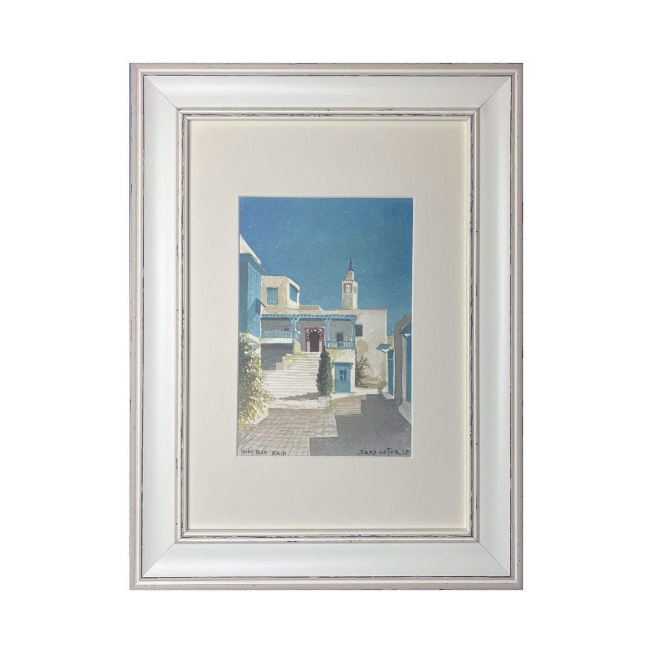 Blue &amp; White Streets of Sidi Bou Said – Water Colour Piece in Distressed Frame