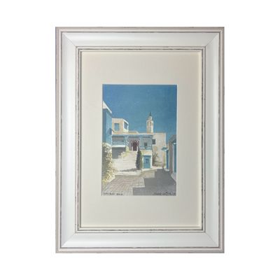Blue &amp; White Streets of Sidi Bou Said – Water Colour Piece in Distressed Frame