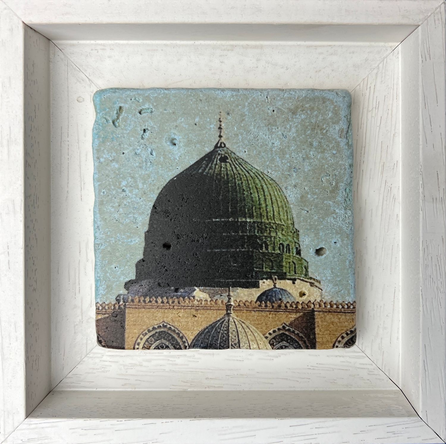 The Green Dome of Madinah – Stone Frame Art  Clearance, Size: Small, Frame Colour: White
