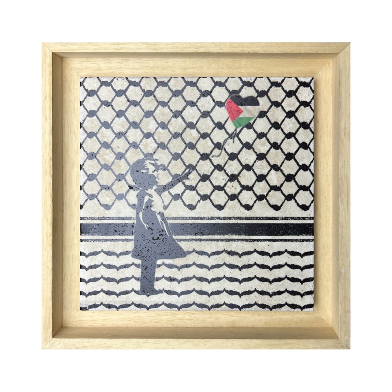 Banksy&#39;s Girl with Keffiyeh &amp; Palestine Balloon Design Stone Art  Clearance, Size: Medium, Frame Colour: Beech