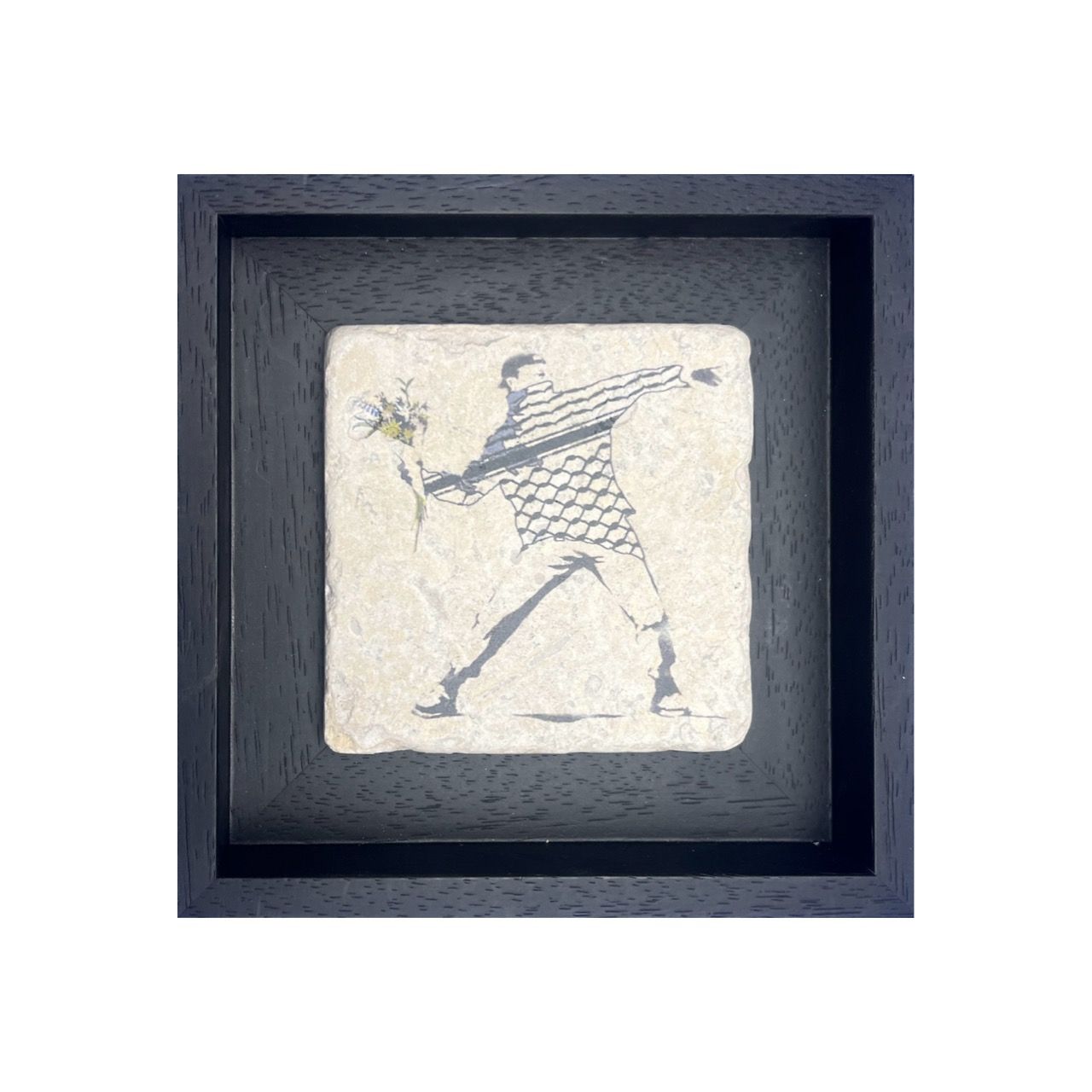 Banksy's Flower Thrower - Love Is In The Air Keffiyeh Design Stone Art Banksy's Flower Thrower - Love Is In The Air Keffiyeh Design Stone Art, Frame Colour: Black, Size: Small
