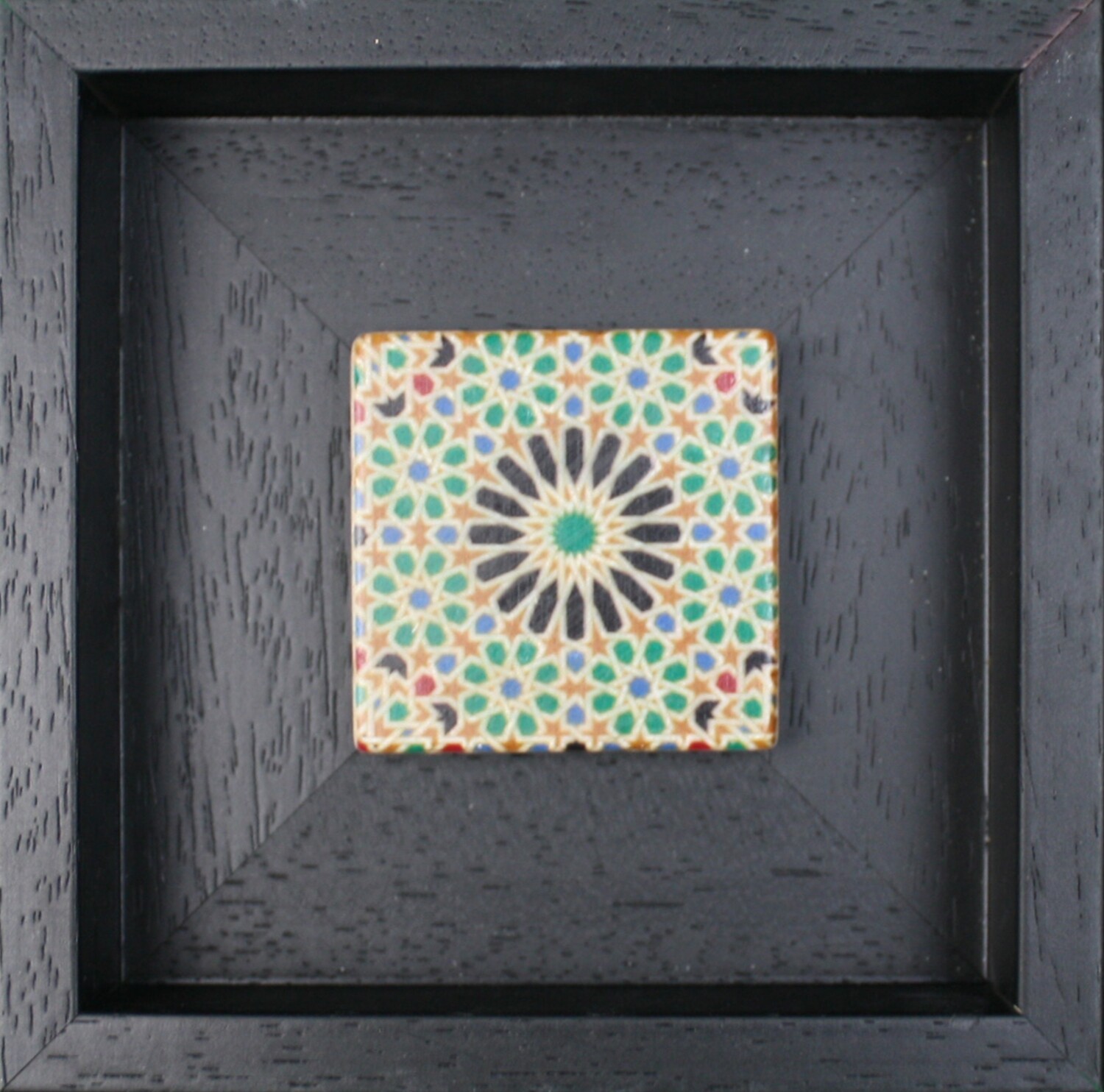 Green &amp; Blue El Mexuar Alhambra Geometric Moorish Design Stone Art, Frame Colour: Black, Size: Mini