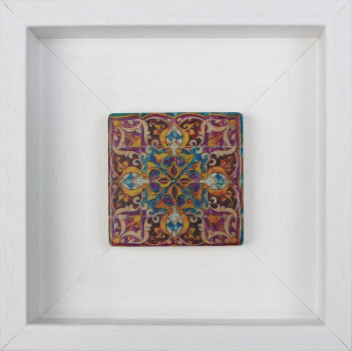Purple &amp; Turquoise Persian Arabesque Geometric Design Framed Stone Art, Frame Colour: White, Size: Mini