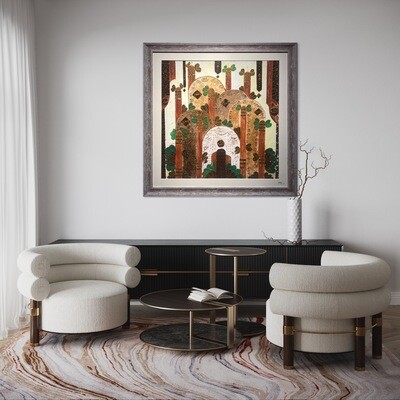 Abstract Domes & Trees Collage Mixed Media Original Hand Painted Canvas with Washed Brown Frame