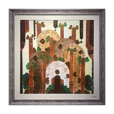 Abstract Domes & Trees Collage Mixed Media Original Hand Painted Canvas with Washed Brown Frame Abstract Domes & Trees Collage Mixed Media Original Hand Painted Canvas with Washed Brown Frame