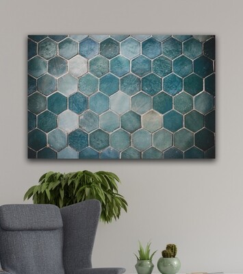 Geometric Turquoise Hexagon Tiles Ceramic Detail Original Giclée Canvas Clearance