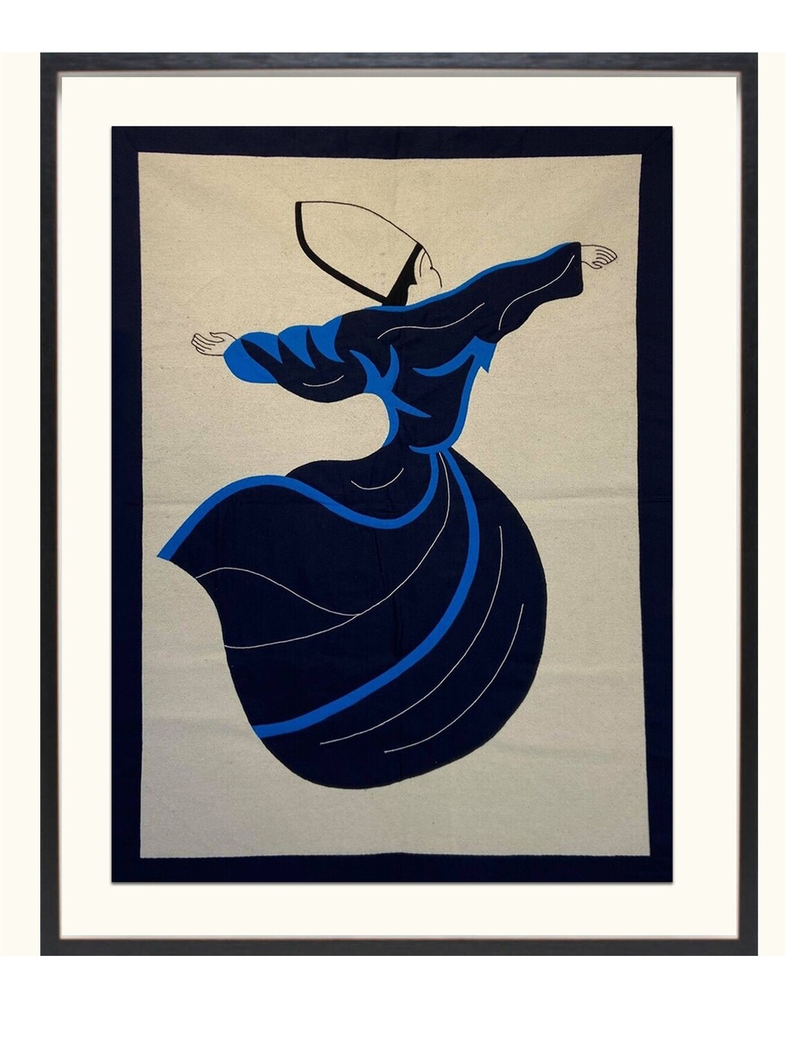 Black &amp; Blue Whirling Dervish Hand-Stitched Appliqué Mount Black Museum Frame