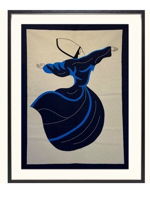 Black &amp; Blue Whirling Dervish Hand-Stitched Appliqué Mount Black Museum Frame