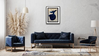 Black & Blue Whirling Dervish Hand-Stitched Appliqué Mount Black Museum Frame
