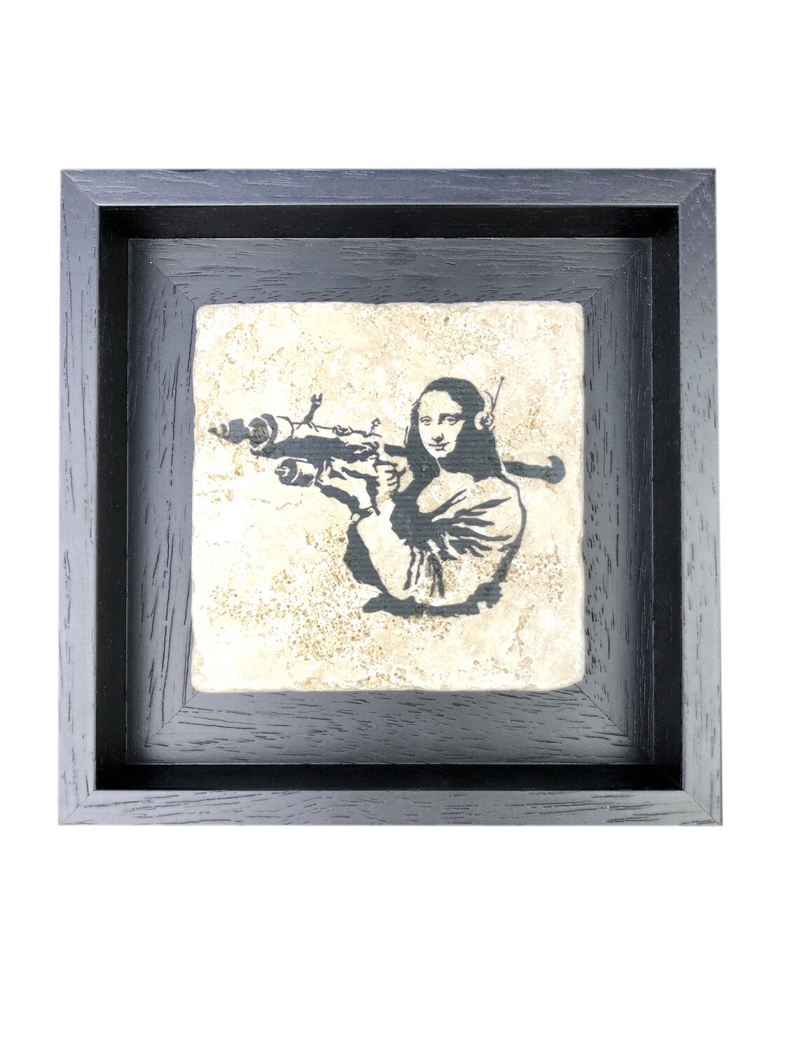Banksy's “Mona Lisa Bazooka” Design Stone Art, Frame Colour: Black, Size: Small