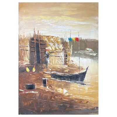 Boat and Hut - Knife Art Oil Painting in Distressed Frame Boat and Hut - Knife Art Oil Painting in Distressed Frame