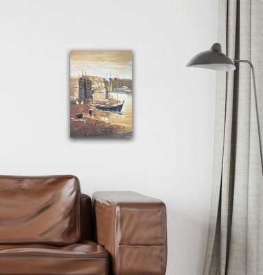 Boat and Hut - Knife Art Oil Painting in Distressed Frame