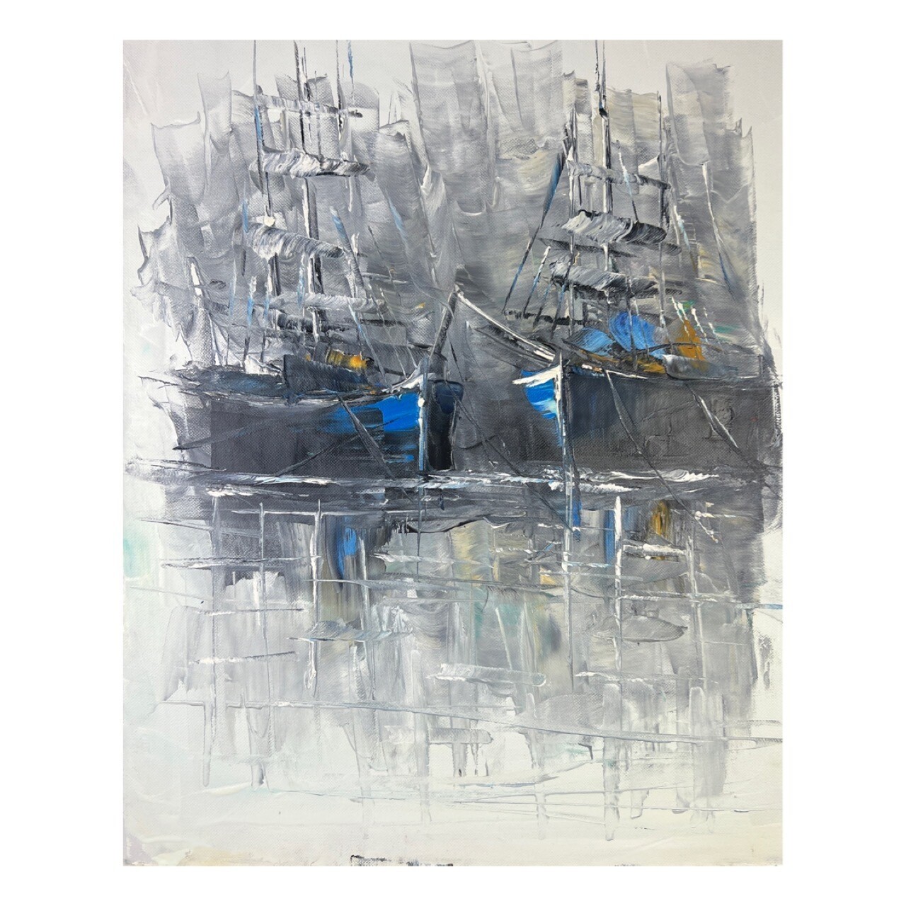 Grey Blue Ships at Sea -  Knife Art Oil Painting in Distressed Frame