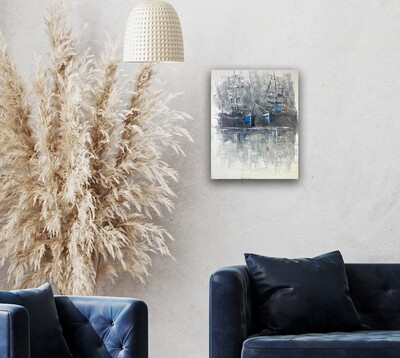 Grey Blue Ships at Sea -  Knife Art Oil Painting in Distressed Frame