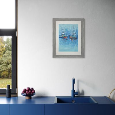 Blue Ships -  Knife Art Oil Painting in Distressed Frame