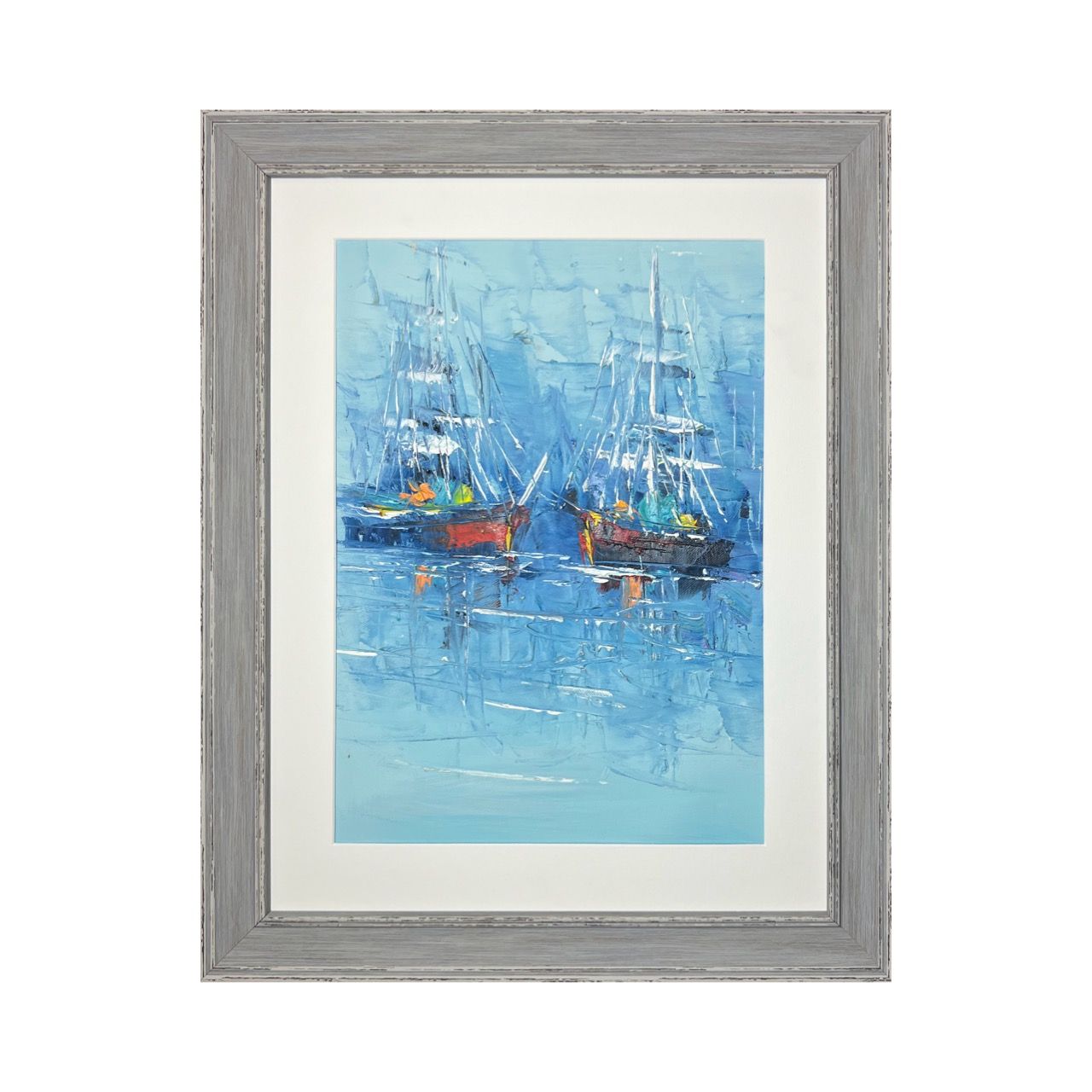 Blue Ships -  Knife Art Oil Painting in Distressed Frame