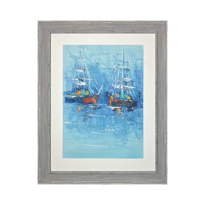 Blue Ships - Knife Art Oil Painting in Distressed Frame Blue Ships - Knife Art Oil Painting in Distressed Frame