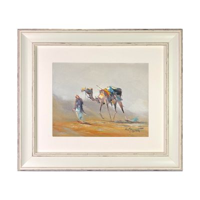 Bedouin Leading Camel through a Hazy Desert - Knife Art Oil Painting in a white distressed frame.